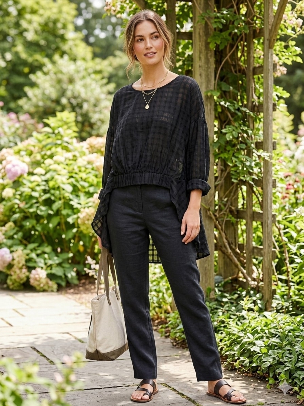 Fate Black Oversized Check Linen-Blend Top